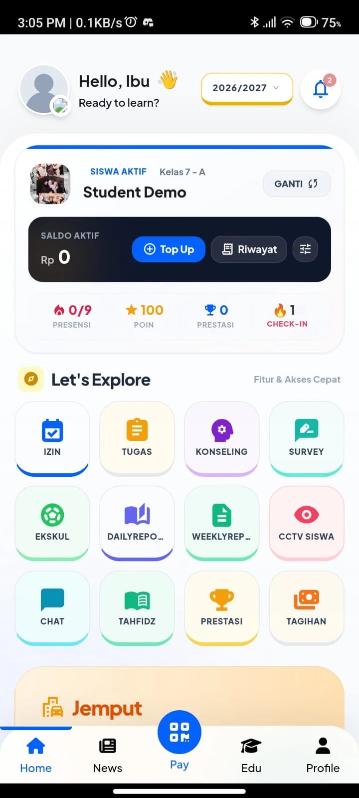 Beranda aplikasi Garap Edu menampilkan profil Student Demo dan akses cepat kebutuhan sekolah.